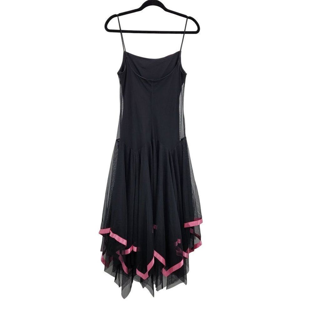Vintage 90s Midi Dress M Black Mesh Overlay Pink Ribbon Trim Scarf Hem Goth - Picture 9 of 13